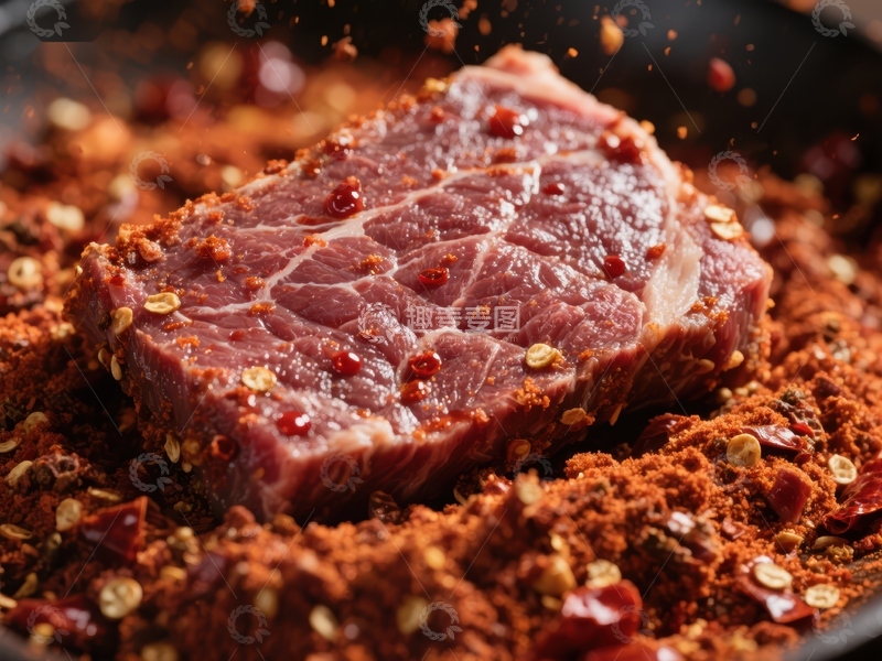 高清大图下载【趣麦麦图】香辣调料中的鲜嫩牛肉