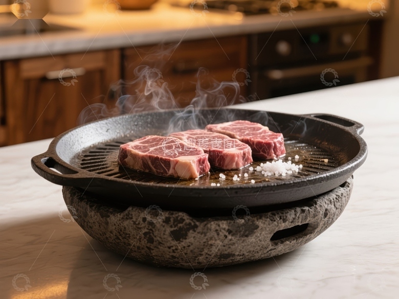 铸铁锅中煎制的牛肉