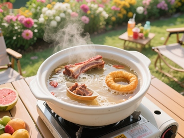 户外花园中的热气腾腾火锅