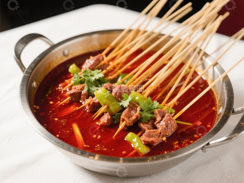 高清大图下载【趣麦麦图】麻辣串串香，红油锅底配鲜肉