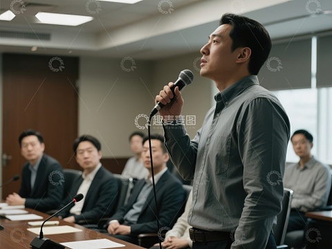 会议室中一人发言，众人聆听