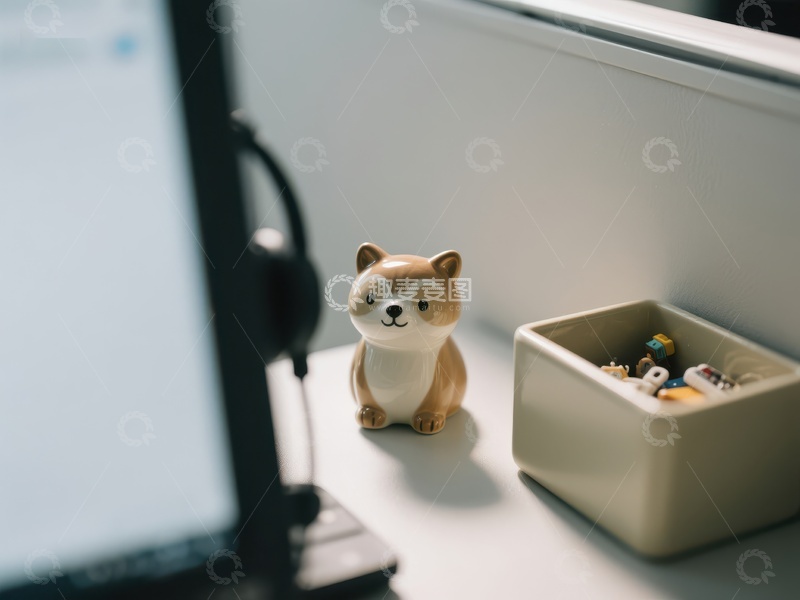 高清大图下载【趣麦麦图】办公桌上的小狗摆件与收纳盒