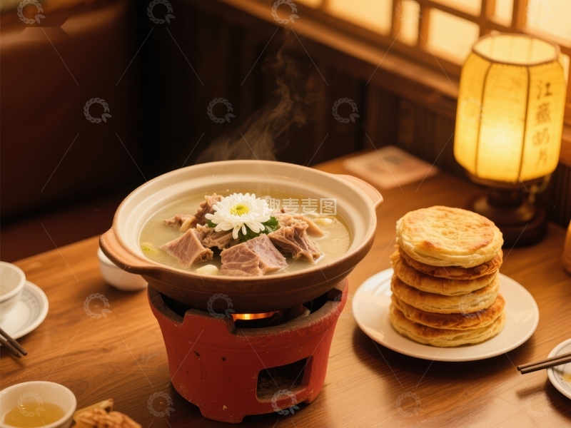 高清大图下载【趣麦麦图】热气腾腾的火锅与金黄煎饼