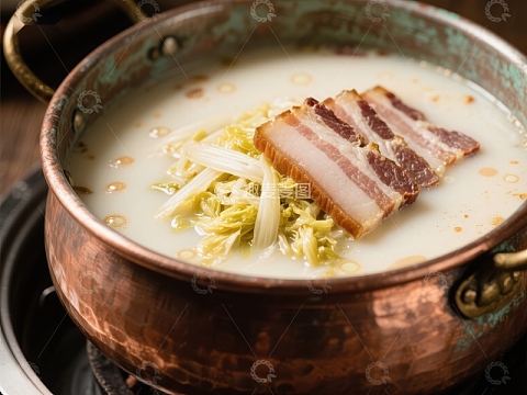 铜锅炖煮的肉片与豆芽汤