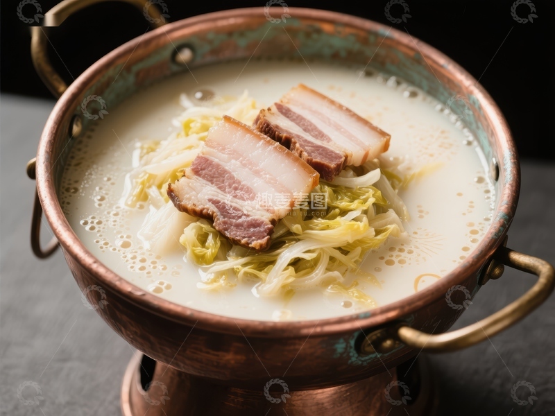 高清大图下载【趣麦麦图】铜锅炖煮的白菜肉片汤