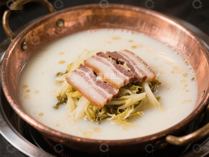 高清大图下载【趣麦麦图】铜锅炖煮的白菜肉片汤