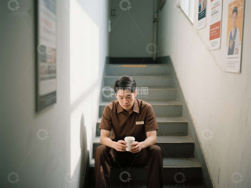 高清大图下载【趣麦麦图】男子楼梯间静坐手持咖啡杯