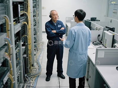 技术人员在服务器机房交流