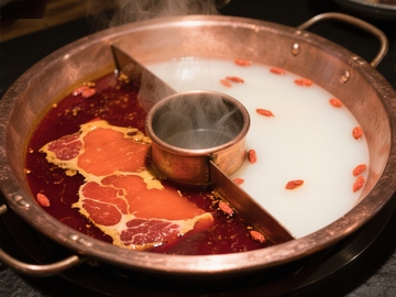 鸳鸯火锅：红汤白汤分隔煮食