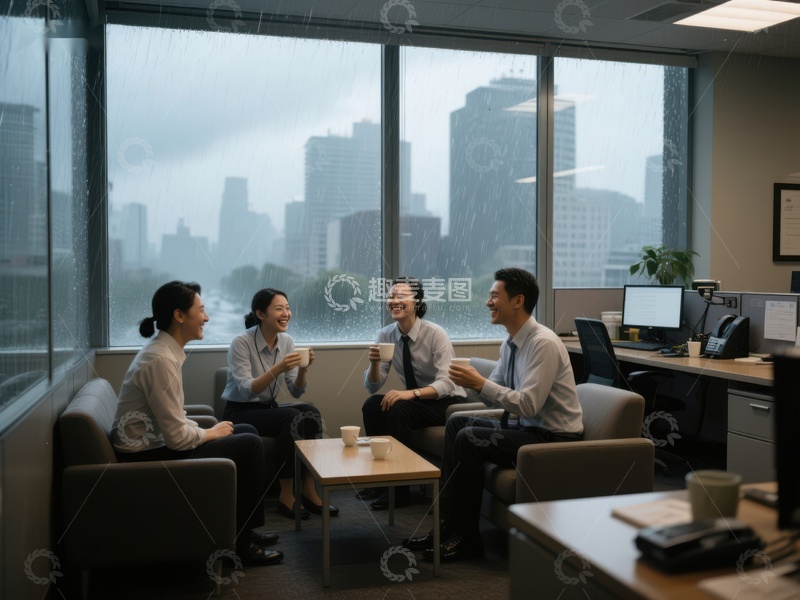 办公室内四人轻松交谈