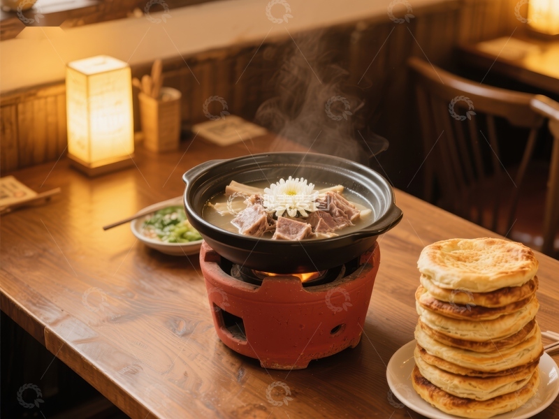 高清大图下载【趣麦麦图】热气腾腾的火锅与金黄饼堆