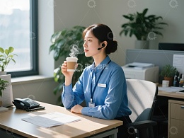 办公室女性手持咖啡杯沉思