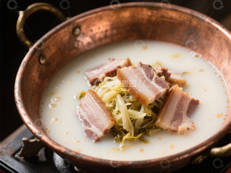 铜锅中的浓汤配腌菜和肉片