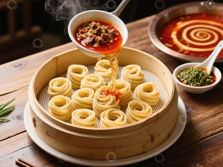 热油浇灌蒸笼中的特色面食
