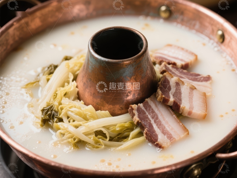 高清大图下载【趣麦麦图】铜锅炖煮的白菜肉片汤