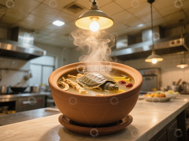 高清大图下载【趣麦麦图】-热气腾腾的乌龟汤在厨房中