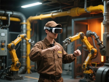 工人使用虚拟现实设备操作机械臂