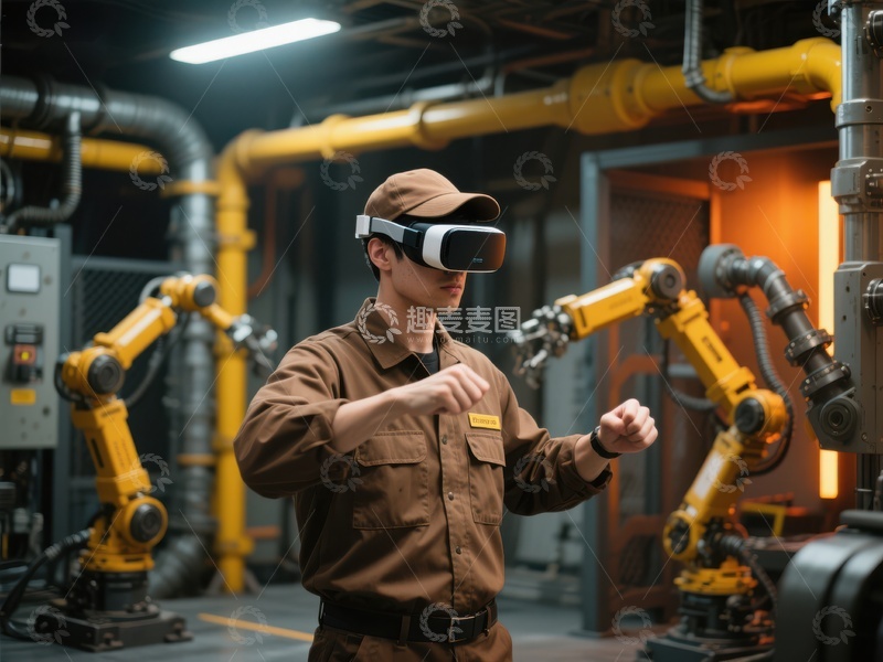 高清大图下载【趣麦麦图】工人使用虚拟现实设备操作机械臂
