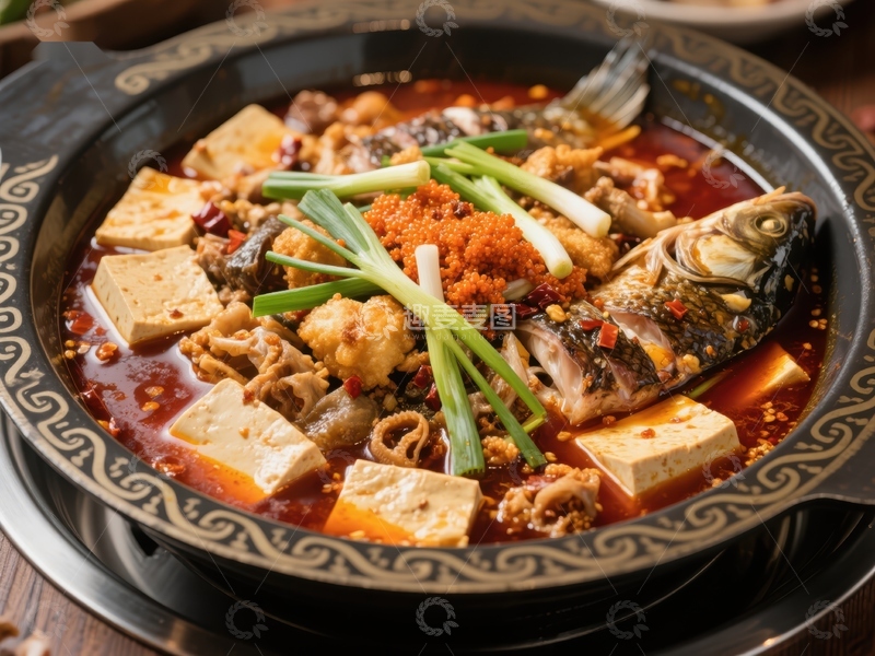 高清大图下载【趣麦麦图】麻辣鱼火锅，配豆腐与蔬菜
