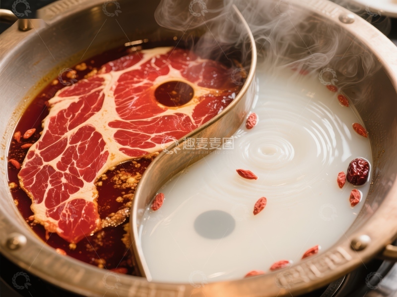 高清大图下载【趣麦麦图】-鸳鸯火锅：麻辣与清汤的完美结合