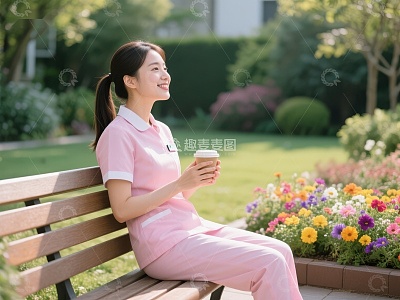 护士花园中休息，手捧咖啡杯