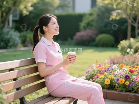 护士花园中休息，手捧咖啡杯