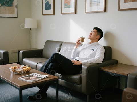 男子在客厅悠闲品咖啡
