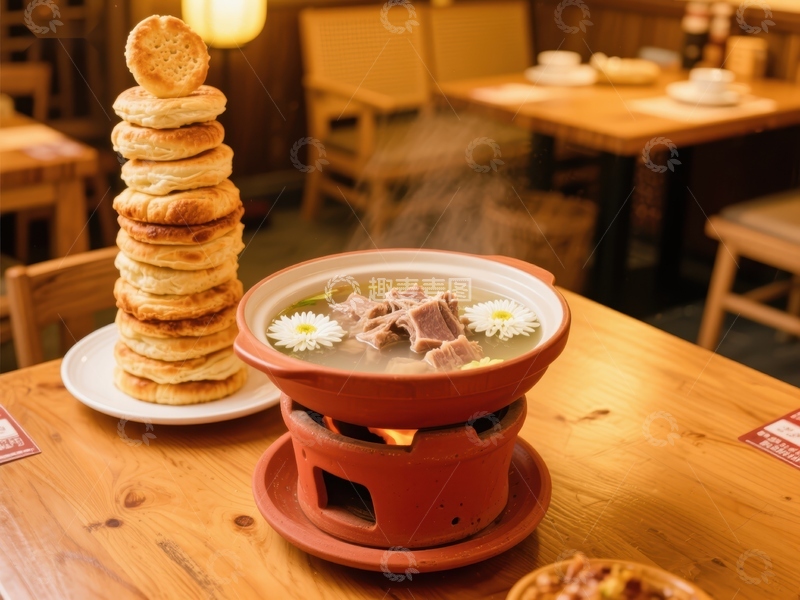 高清大图下载【趣麦麦图】热气腾腾的火锅与金黄煎饼