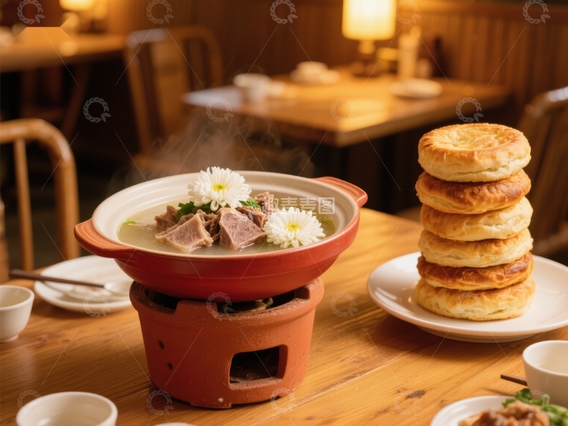 高清大图下载【趣麦麦图】热气腾腾的火锅与金黄酥饼