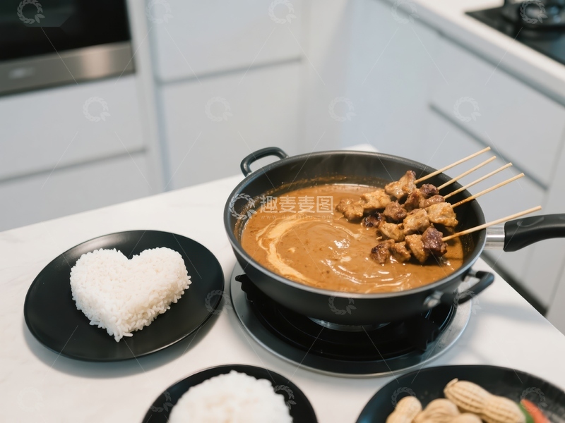 高清大图下载【趣麦麦图】爱心米饭与串烧咖喱的温馨厨房场景