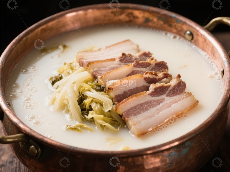 高清大图下载【趣麦麦图】铜锅炖煮的肉片与白菜