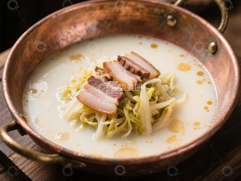 高清大图下载【趣麦麦图】铜锅中的奶油白菜培根汤