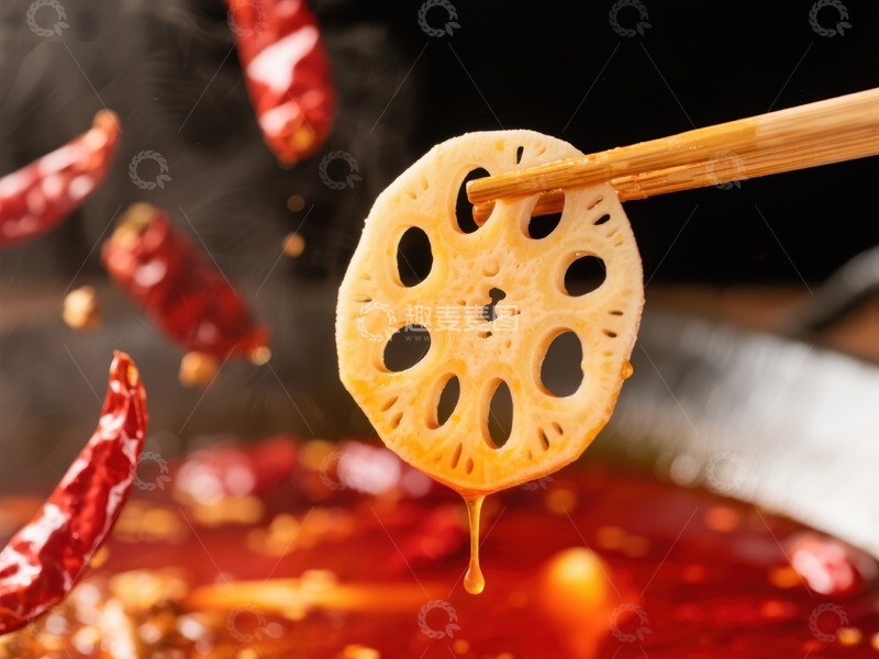 高清大图下载【趣麦麦图】火锅中的莲藕片与辣椒