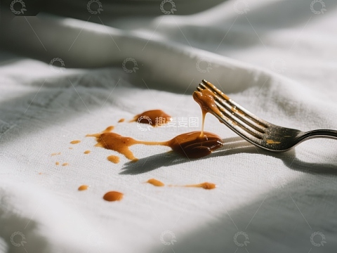 叉子滴落酱汁，布面光影交错