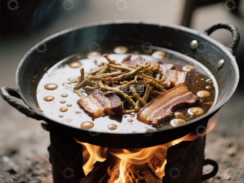 铁锅炖煮，火焰上的美味佳肴