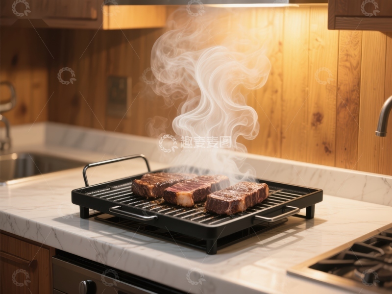 高清大图下载【趣麦麦图】厨房烤架上烟雾缭绕的牛排
