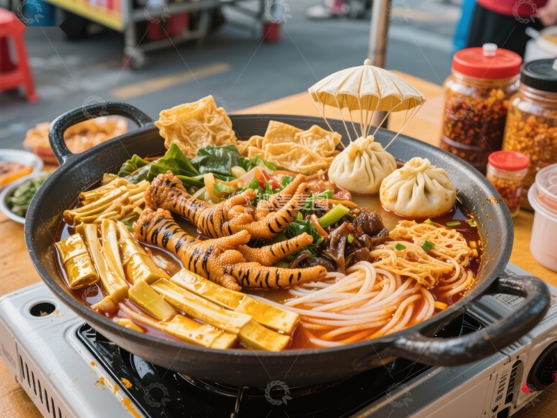 高清大图下载【趣麦麦图】街头美食：热气腾腾的麻辣火锅