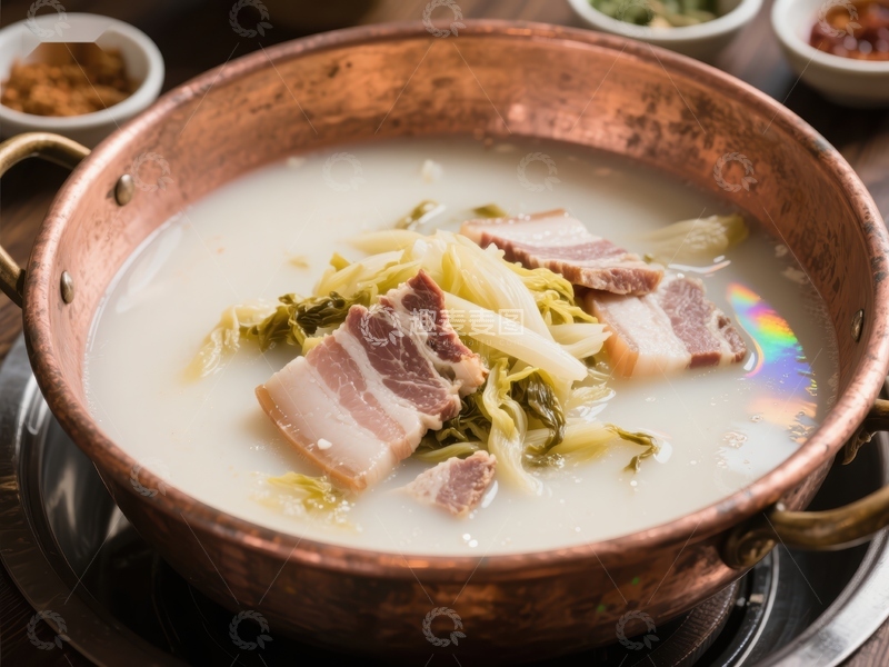 高清大图下载【趣麦麦图】铜锅炖煮的白菜肉片汤