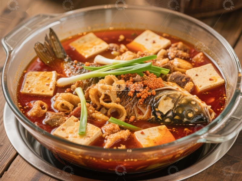 高清大图下载【趣麦麦图】麻辣鱼火锅，配豆腐与蔬菜