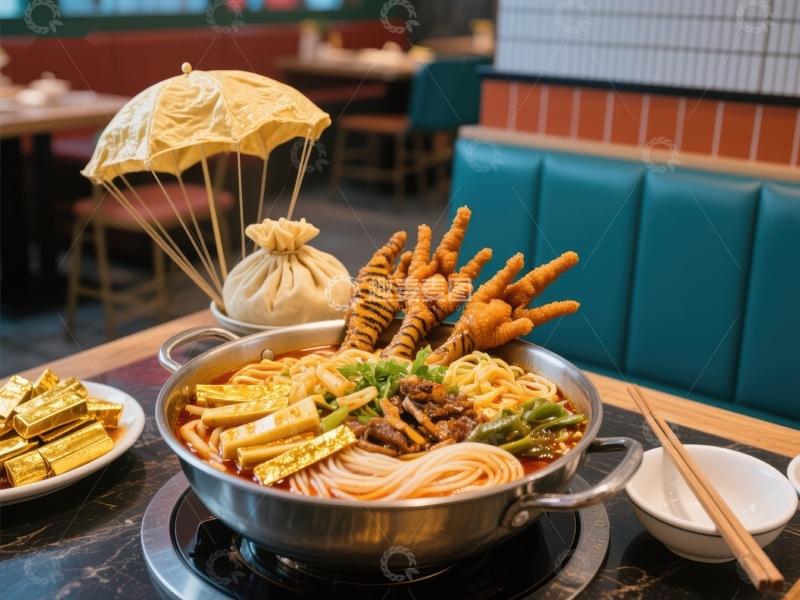 高清大图下载【趣麦麦图】热气腾腾的火锅配炸鸡爪