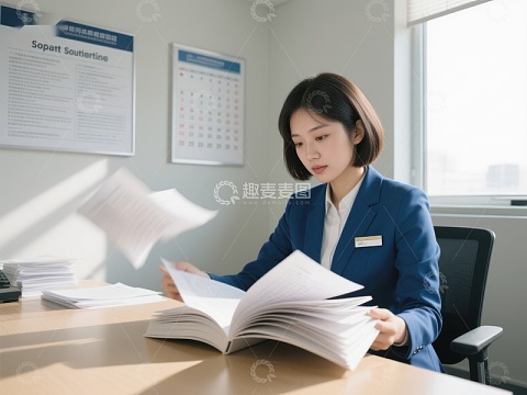 办公室内专注阅读文件的女性