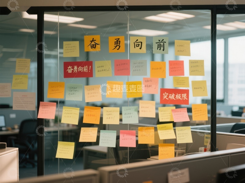高清大图下载【趣麦麦图】办公室玻璃墙上的彩色便签
