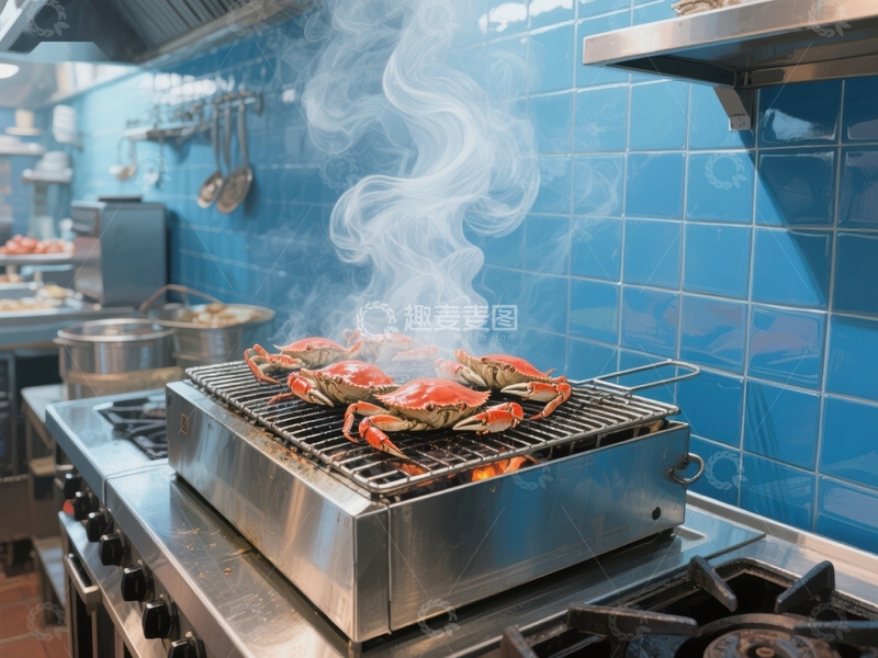 高清大图下载【趣麦麦图】厨房烧烤螃蟹，烟雾缭绕