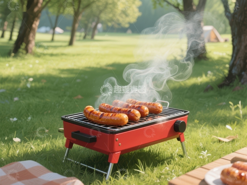 高清大图下载【趣麦麦图】户外烧烤架上烤制的香肠