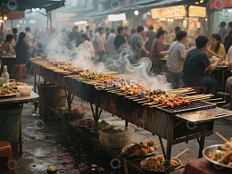 夜市烧烤摊，烟雾缭绕美食诱人