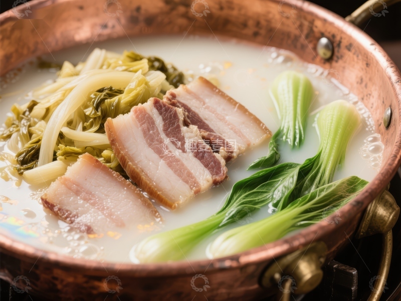 高清大图下载【趣麦麦图】铜锅炖煮的肉片与青菜