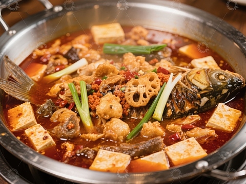 麻辣火锅鱼，配豆腐与蔬菜