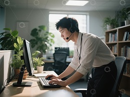 办公室职员佩戴耳机使用电脑工作