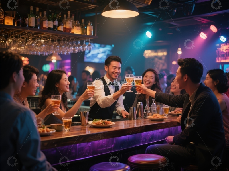 高清大图下载【趣麦麦图】酒吧聚会，朋友举杯欢庆