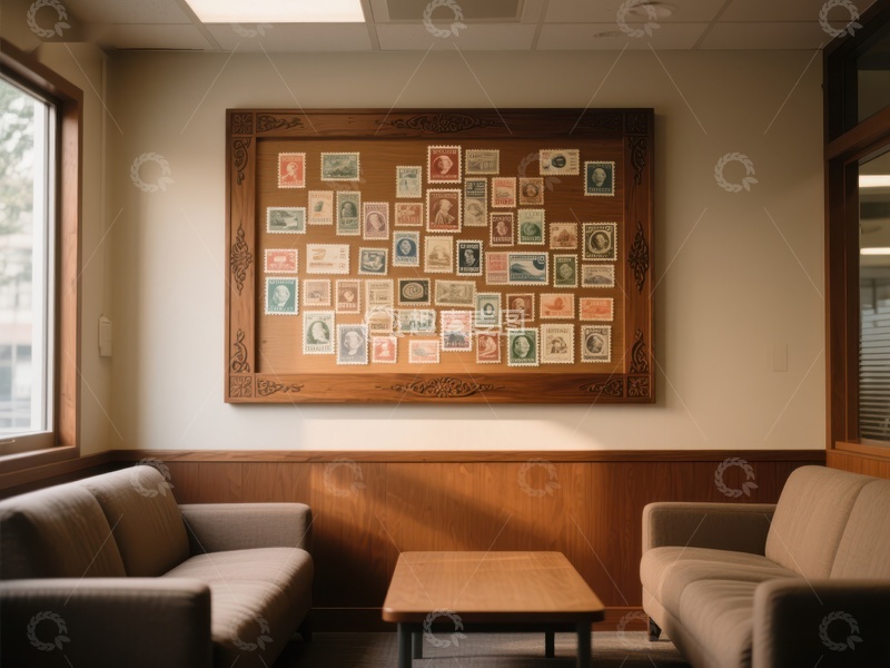 高清大图下载【趣麦麦图】温馨室内休息区，墙上展示邮票收藏